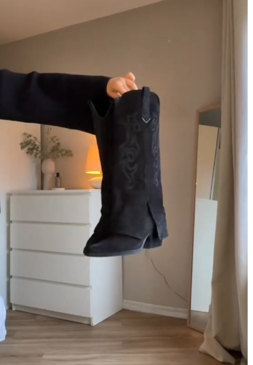 Black Embroidered Thigh-High Boots