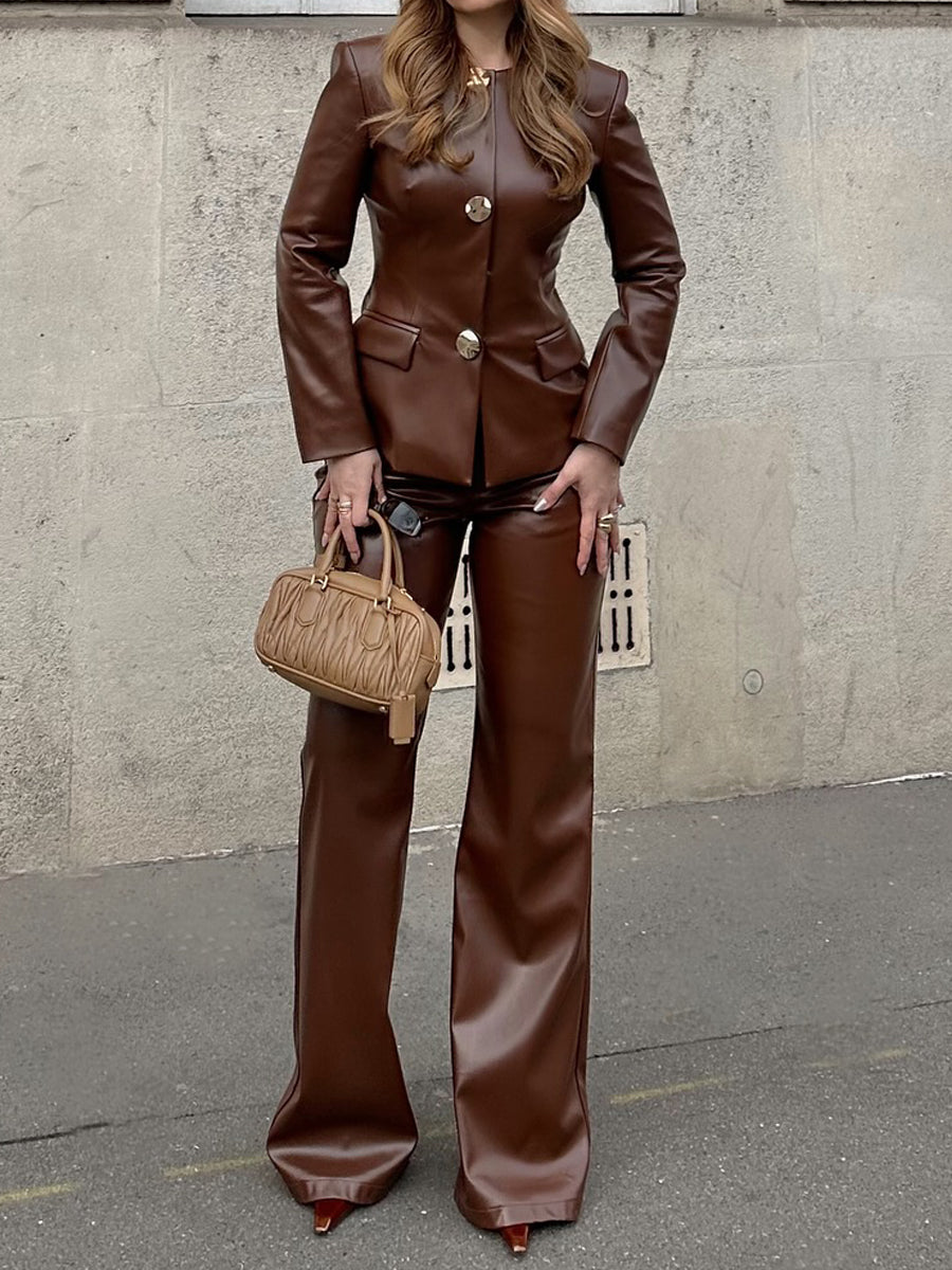 Elegant Button Up PU Blazer
