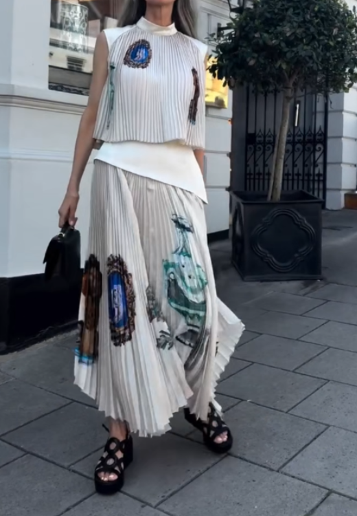 Pleated printed suit skirt