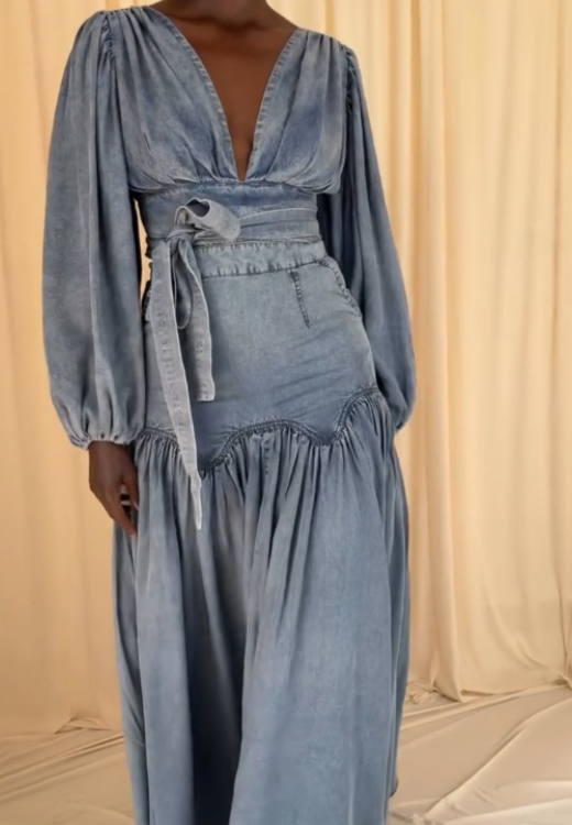 V-neck denim fishtail dress