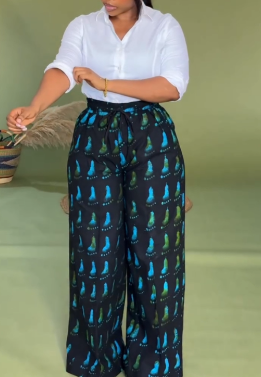 Peacock blue footprint printed casual pants