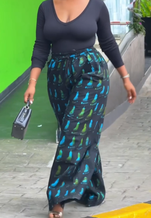 Peacock blue footprint printed casual pants