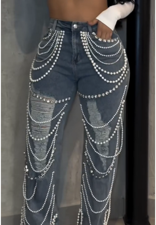 Handmade pearl chain jeans