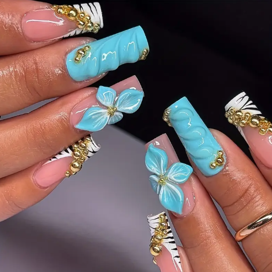 5D 3D Blue Lily & Golden Metal Chrome Accents, Square Long Length