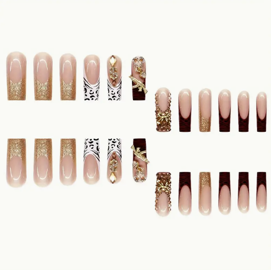 Water Pipe Type, Gentle And Fashionable, French Leopard Print, Diamond AK47 Love Note False Nails-A Set of 24pcs