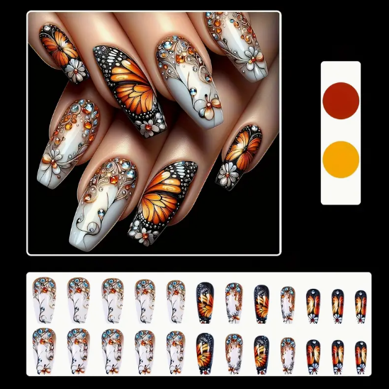 24pcs French Butterfly Flower Print Ballet Press-On Nails