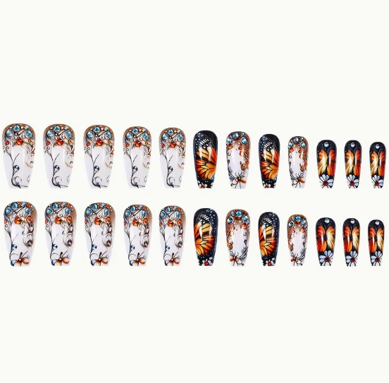 24pcs French Butterfly Flower Print Ballet Press-On Nails