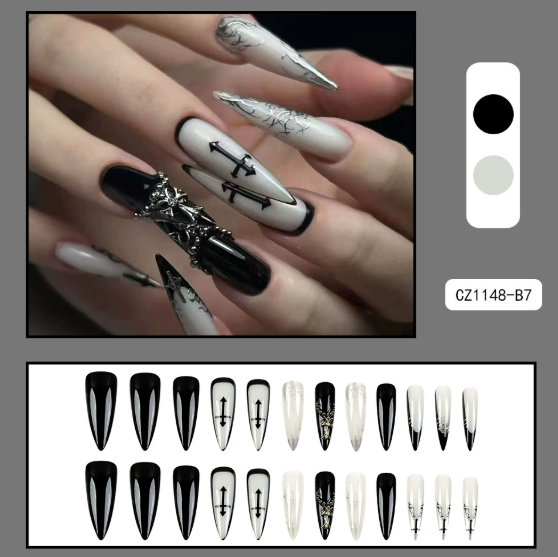 Long almond manicure black and white Gothic style diamond-encrusted armor