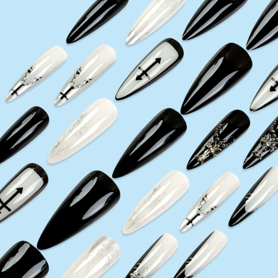 Long almond manicure black and white Gothic style diamond-encrusted armor