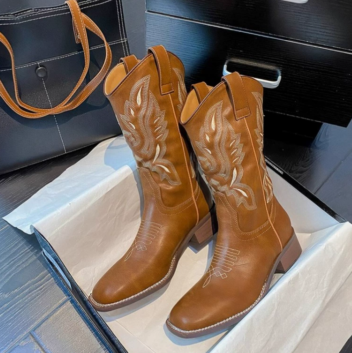New embroidered long barrel square toe thick heel riding boots