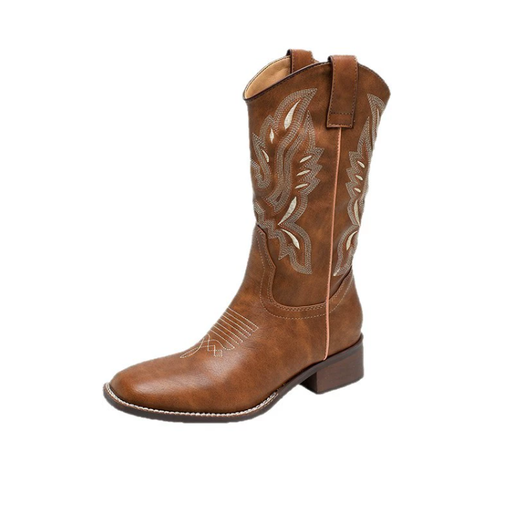 New embroidered long barrel square toe thick heel riding boots