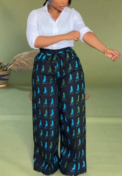 Peacock blue footprint printed casual pants