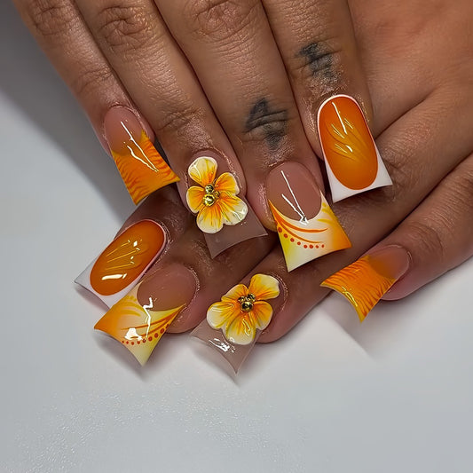 Hot orange-yellow gradient French duck-billed three-dimensional flower nail