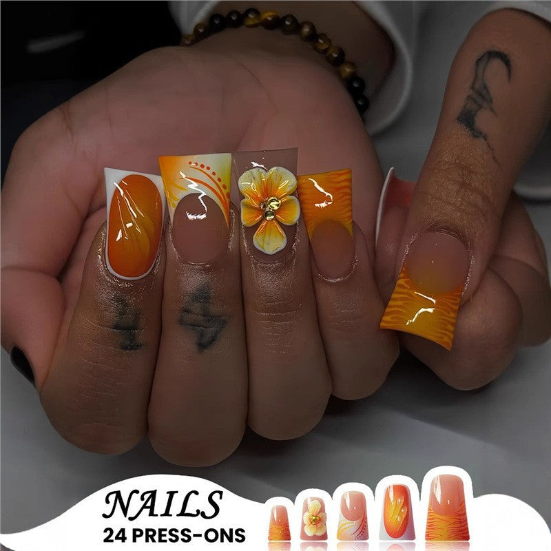 Hot orange-yellow gradient French duck-billed three-dimensional flower nail