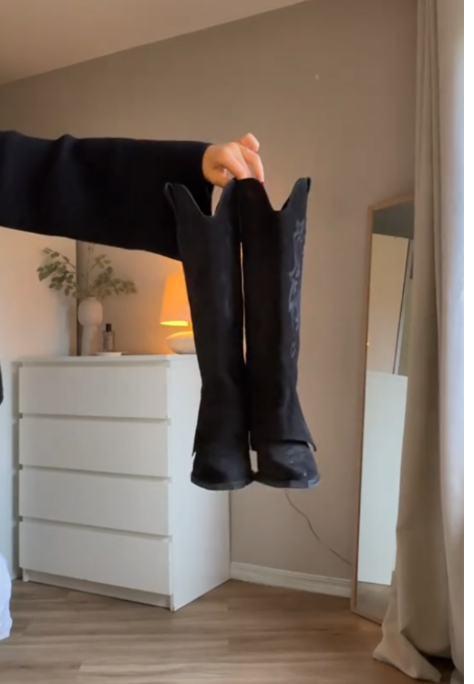 Black Embroidered Thigh-High Boots