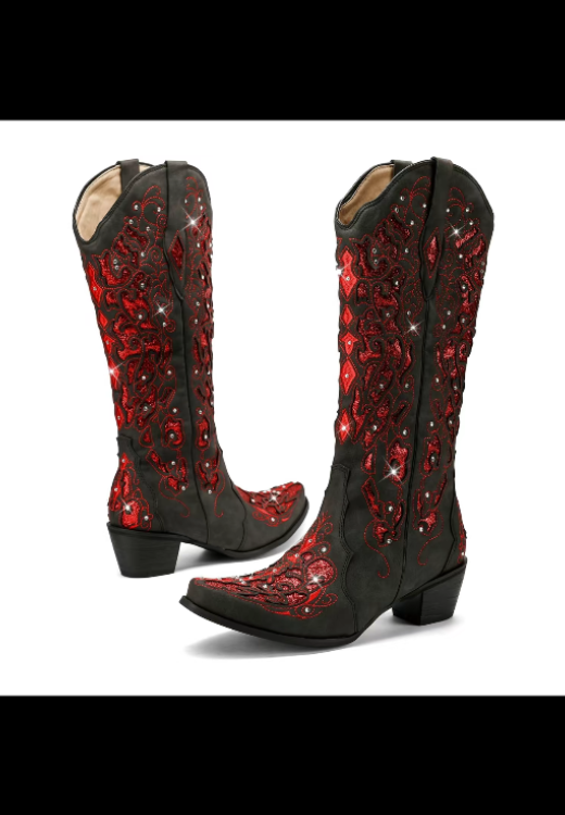 Elegant Red and Black Vintage High-Top  Boots