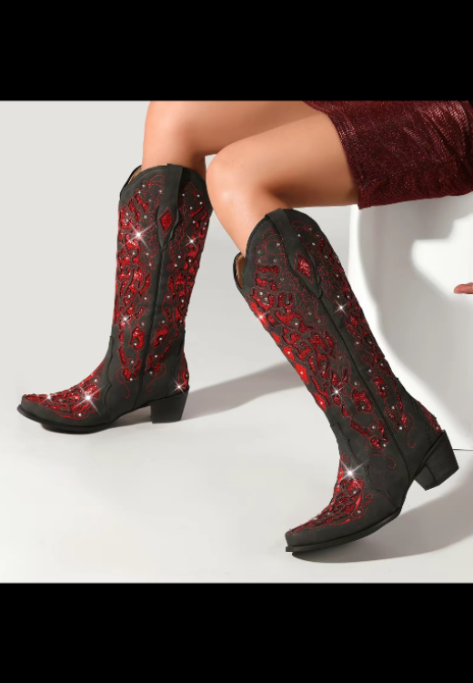 Elegant Red and Black Vintage High-Top  Boots