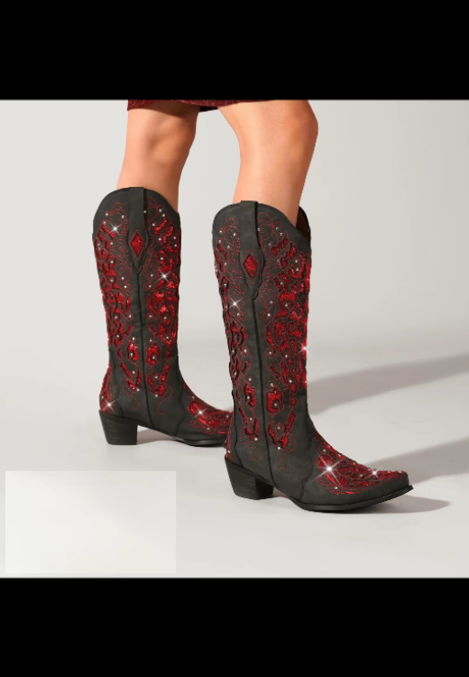 Elegant Red and Black Vintage High-Top  Boots