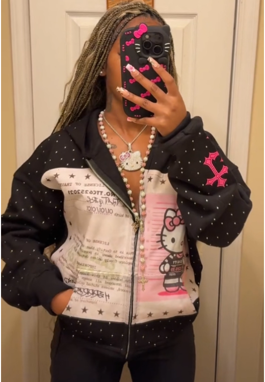 Black Flash Diamond Kitty print hooded coat