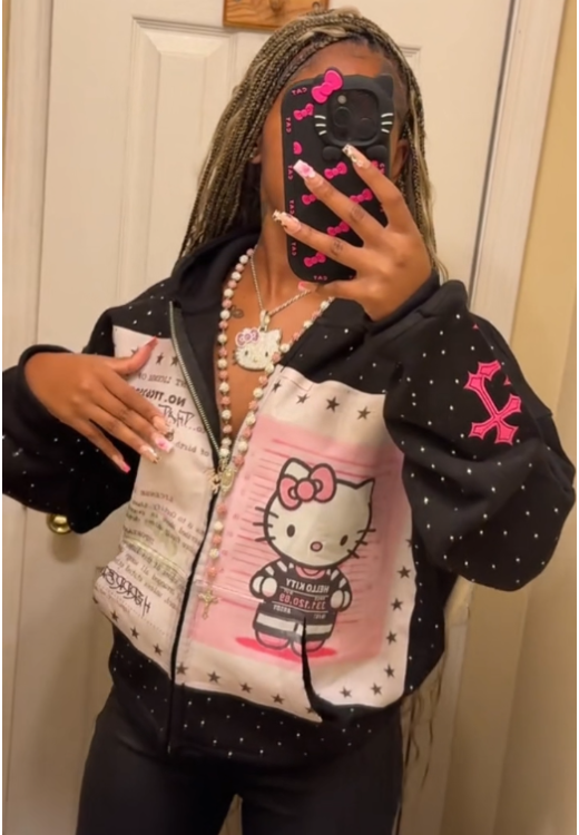 Black Flash Diamond Kitty print hooded coat