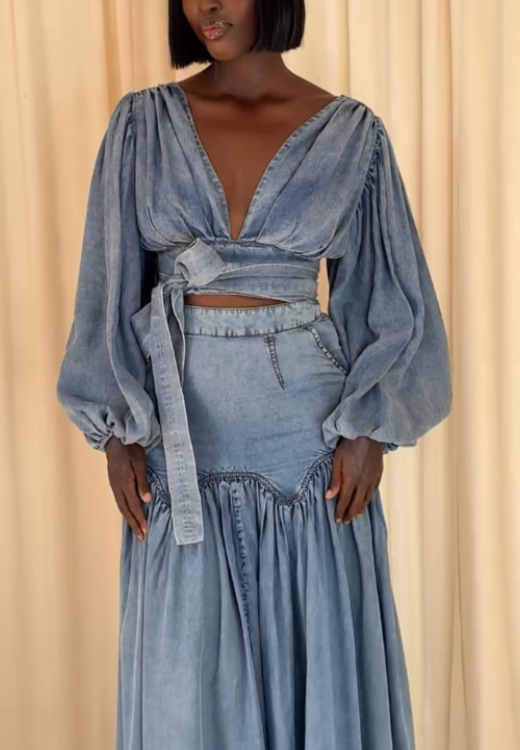 V-neck denim fishtail dress