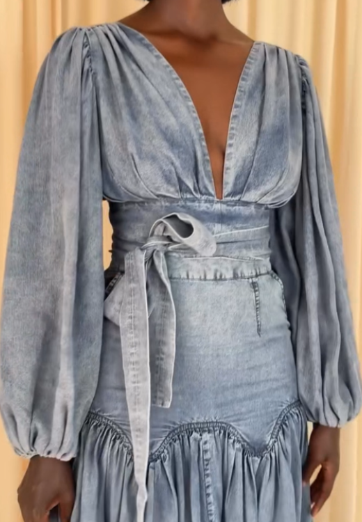 V-neck denim fishtail dress