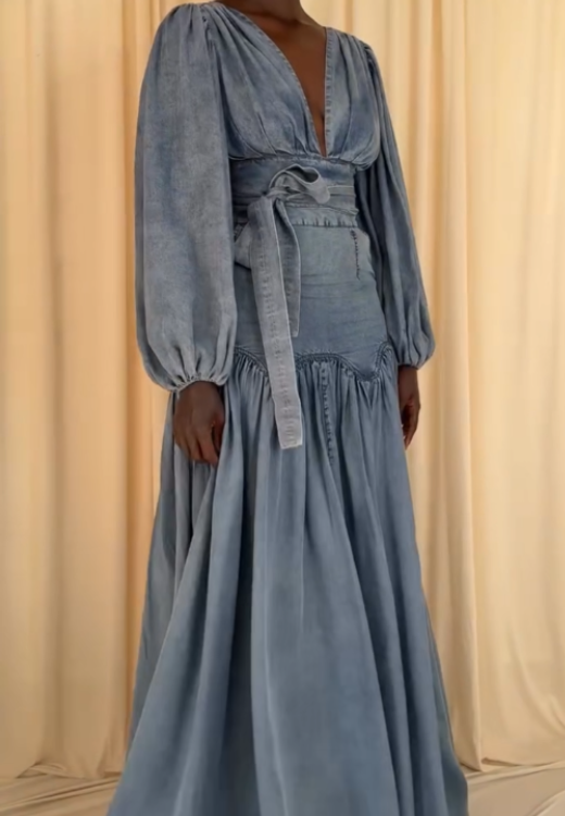 V-neck denim fishtail dress