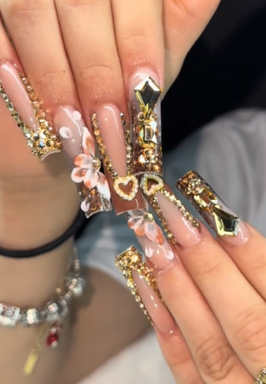 Glittering golden diamond long press on nails