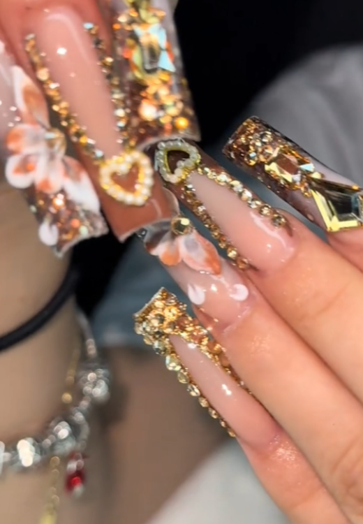 Glittering golden diamond long press on nails