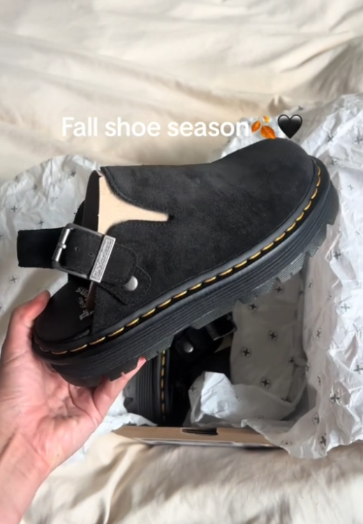Black suede clogs in autumn