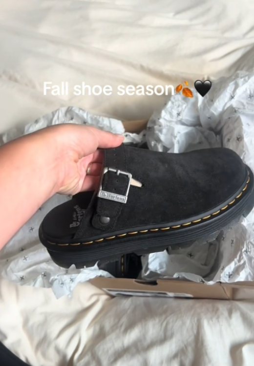 Black suede clogs in autumn