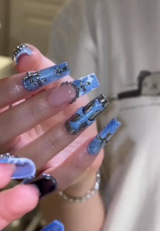 Denim cross press on nails