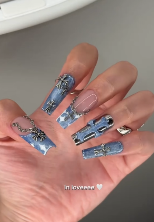 Denim cross press on nails