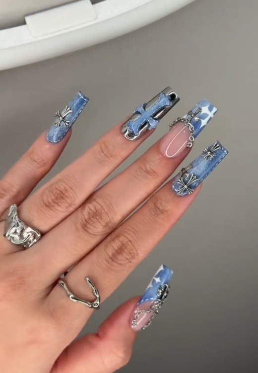 Denim cross press on nails