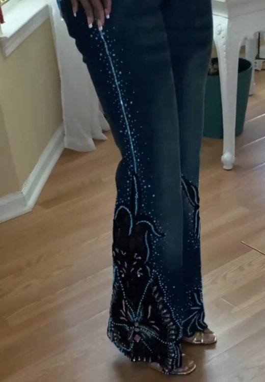 Fashion hand-embroidered rhinestone butterfly jeans