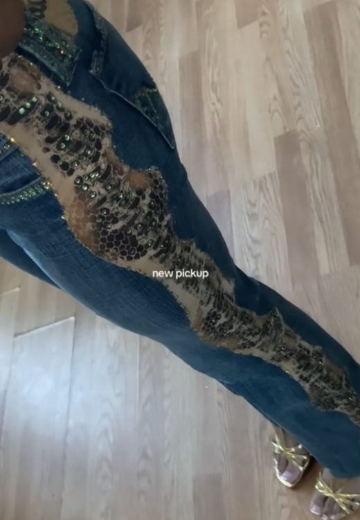 Handmade green diamond stitching jeans