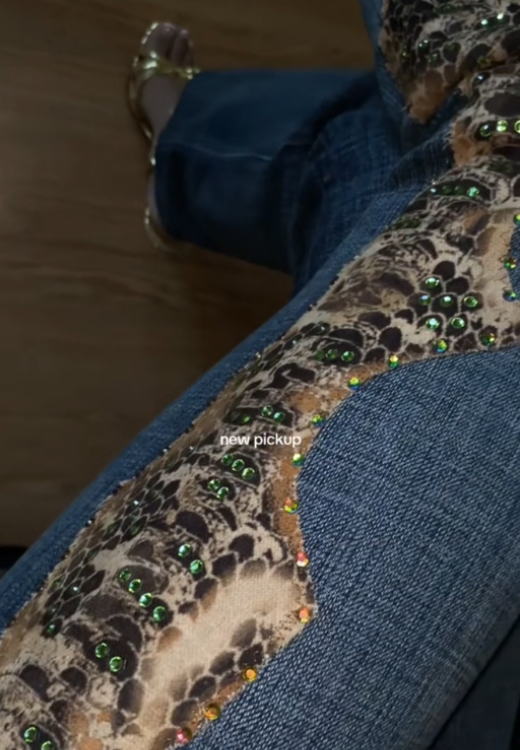 Handmade green diamond stitching jeans