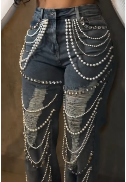 Handmade pearl chain jeans