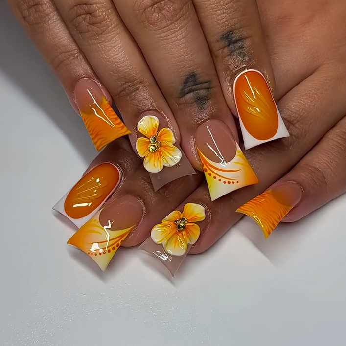 Hot orange-yellow gradient French duck-billed three-dimensional flower nail