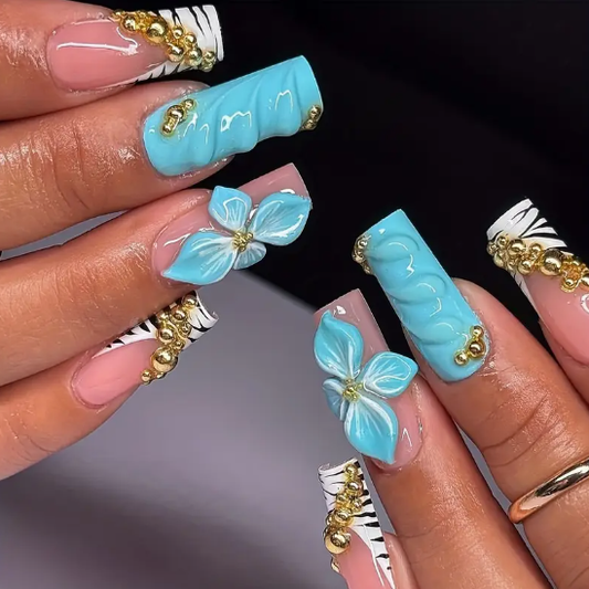 5D 3D Blue Lily & Golden Metal Chrome Accents, Square Long Length