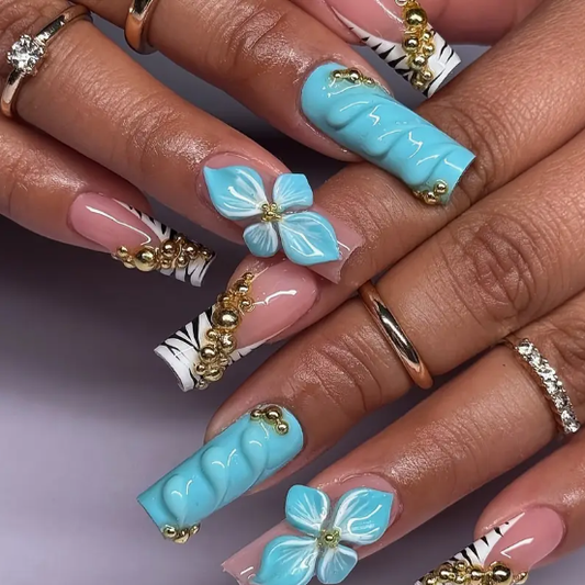 5D 3D Blue Lily & Golden Metal Chrome Accents, Square Long Length