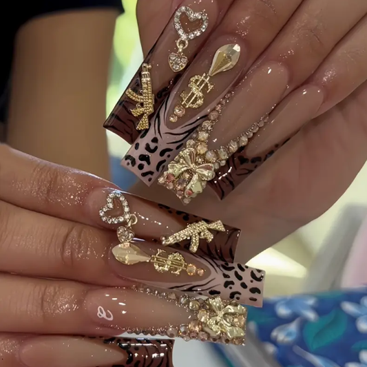 Water Pipe Type, Gentle And Fashionable, French Leopard Print, Diamond AK47 Love Note False Nails-A Set of 24pcs