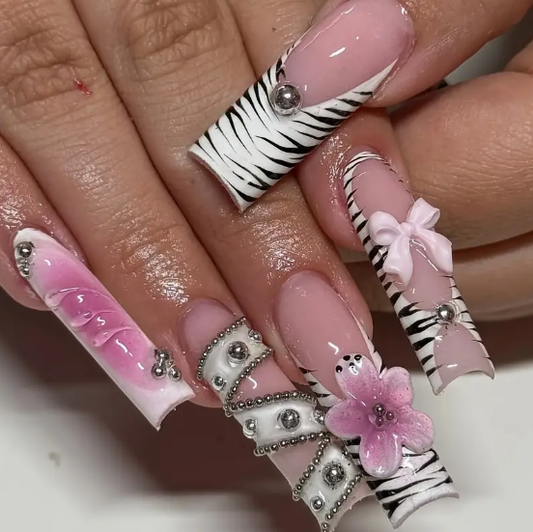 Pink French Tip with Zebra Print, 3D Floral Accents & Rhinestone Bows, Glossy Finish