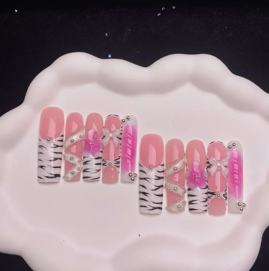 Pink French Tip with Zebra Print, 3D Floral Accents & Rhinestone Bows, Glossy Finish