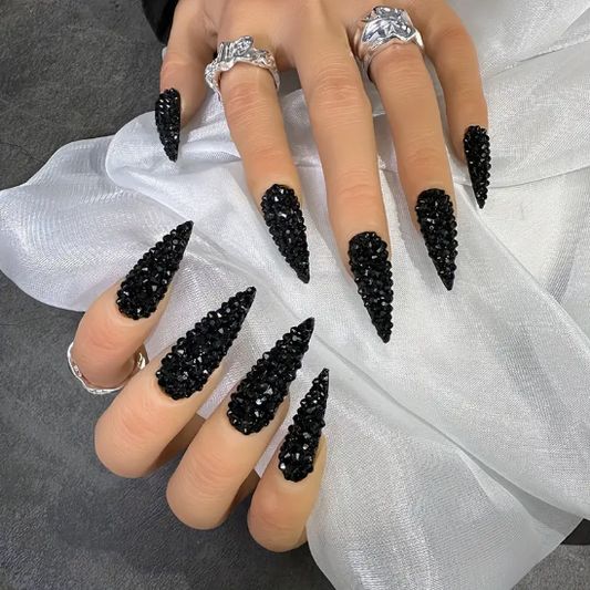 Luxury Shiny Black Y2K Full Rhinestone Press-On Nails