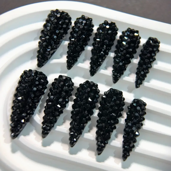 Luxury Shiny Black Y2K Full Rhinestone Press-On Nails
