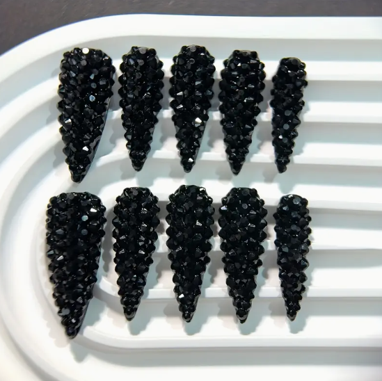 Luxury Shiny Black Y2K Full Rhinestone Press-On Nails
