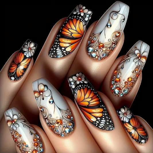24pcs French Butterfly Flower Print Ballet Press-On Nails