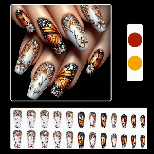24pcs French Butterfly Flower Print Ballet Press-On Nails