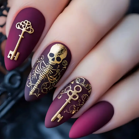 Halloween false nail patch Skull key pattern nail nail patch detachable 24pcs purple